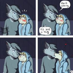 anthro black_clothing black_hair black_shirt black_topwear blonde_hair blue_eyes blush brown_eyes cheek_blush clothing comforting dialogue duo eyes_closed four_frame_image fur grey_body grey_fur hair hand_on_arm heart_symbol hoodie kissing logo male male/male nervous page_number shirt side_hug smile smiling_at_another speech_bubble text topwear yellow_body yellow_fur kriek_wildebeest jeremy_(kriek_wildebeest) tom_(kriek_wildebeest) border_collie canid canine canis collie domestic_dog herding_dog husky hybrid mammal nordic_sled_dog pastoral_dog sheepdog spitz wolf 1:1 artist_logo comic english_text hi_res multiple_scenes