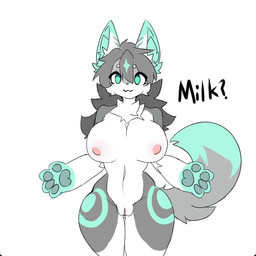 big_breasts blue_eyes blush breasts female fur genitals grey_body grey_fur grey_hair hair huge_breasts kemono long_hair long_tail milk solo tail tongue vulva qavc humanoid 1:1 animated
