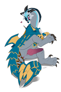 animal_genitalia animal_penis anus armor black_horn blue_armor bodily_fluids claws curled_tail erection fangs feet feral genital_fluids genital_slit genitals gradient_penis grey_body grey_scales headgear heart_symbol horn intersex knot knotted_penis leaking_precum licking licking_lips looking_at_viewer lying male maleherm on_side penis pink_anus precum precum_string presenting presenting_penis scales scuted_feet scuted_legs scutes shadow solo spread_legs spreading straps tail tail_strap tailbutt teeth tongue tongue_out yellow_eyes syberfab guild_wars larynkir dinosaur dreadnought_raptor dromaeosaurid prehistoric_species reptile saurischian scalie theropod 2019 colored digital_drawing_(artwork) digital_media_(artwork) hi_res signature