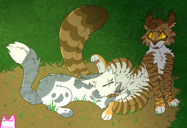 age_difference brown_body brown_fur cheek_tuft chest_tuft claws clitoral_hood clitoris cunnilingus dipstick_tail duo ear_tuft eye_scar facial_scar facial_tuft female female/female feral feral_on_feral fluffy fluffy_tail freckled_face freckles fur genitals grey_body grey_fur head_tuft inner_ear_fluff logo markings multicolored_body multicolored_fur nose_scar on_ground open_mouth oral outside pawpads pink_pawpads plant scar sex shrub sitting striped_body striped_fur striped_markings striped_tail stripes tail tail_markings text tuft vaginal white_body white_fur white_tail_tip yellow_eyes whitefroggim warriors_(book_series) ivypool_(warriors) leafpool_(warriors) domestic_cat felid feline felis mammal tabby_cat artist_logo artist_name hi_res