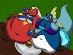 anthro beak belly big_belly big_breasts blue_body blue_eyes blue_skin breasts cleavage clothed clothing duo eating eating_contest eye_contact feathers female food gloves gloves_(marking) handwear huge_belly huge_breasts hyper hyper_belly looking_at_another markings mask morbidly_obese morbidly_obese_anthro morbidly_obese_female obese obese_anthro obese_female overweight overweight_anthro overweight_female red_body red_feathers simple_background sports_mask sportswear under_boob white_belly wide_hips wrestling_mask wrestling_outfit underdoggo nintendo pokemon chica_(maskedcharizard) pearl_(maskedcharizard) avian blaziken generation_3_pokemon generation_8_pokemon inteleon pokemon_(species) reptile scalie 2022 4:3 digital_media_(artwork) hi_res