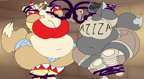ambiguous_gender anthro belly big_belly big_breasts big_butt black_hair boots bottomwear bound breasts brown_eyes brown_hair butt clothing crop_top deep_navel female footwear fur gloves grey_body grey_fur group hair handwear hat headgear headwear huge_breasts jacket multicolored_body multicolored_fur navel obese obese_anthro obese_female one_eye_obstructed overweight overweight_anthro overweight_female purple_eyes shirt shoes shorts tan_body tan_fur thick_thighs topwear trio two_tone_body two_tone_fur vase weight_gain wide_hips virus-20 aziza_jackal june_coyote canid canine canis coyote jackal mammal spirit 2024 digital_media_(artwork) hi_res