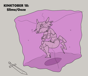anthro armor bikini_armor boots clothed clothing crossdressing crown ear_piercing embedded_in_goo footwear fully_submerged hair headgear high_heeled_boots high_heels knee_pads male melee_weapon piercing shoes solo sword tail tiara unconvincing_armor vambrace weapon rusheloc kinktober kinktober_2025 robin_(rusheloc) american_opossum gelatinous_cube mammal marsupial virginia_opossum 2025