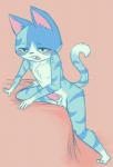 anthro balls bed blue_body blue_fur blush erection fur furniture genitals male nude open_mouth penis solo yellow_eyes reality_undoer animal_crossing nintendo moe_(animal_crossing) domestic_cat felid feline felis mammal