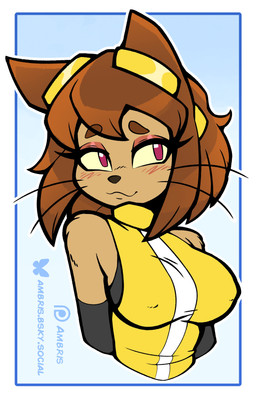 anthro biped blush breasts clothed clothed_anthro clothed_female clothing female front_view fur hair looking_at_viewer nipple_outline simple_background smile solo whiskers ambris gameoverse glitch_productions kit_bodega domestic_cat felid feline felis mammal 2026 absurd_res digital_drawing_(artwork) digital_media_(artwork) hi_res