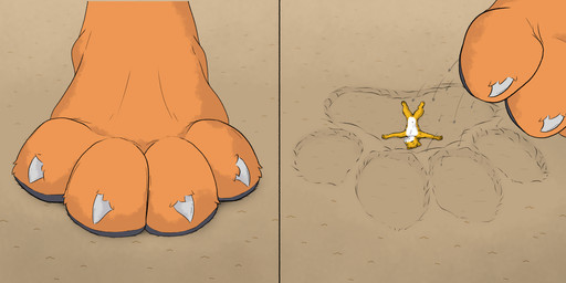4_toes anthro black_pawpads claws dirt duo extreme_size_difference eyes_closed feet foot_fetish foot_focus footprint fur lying male micro on_back orange_body orange_fur paw_imprint pawpads pawprint paws size_difference soles squish stepped_on stomped stomping toe_claws toes underfoot white_body white_fur yellow_body yellow_fur kiwifizz canid canine canis fox mammal comic hi_res