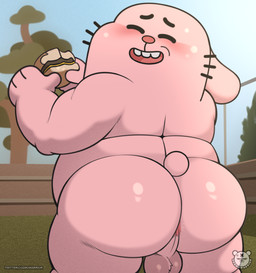 4_fingers anthro anus backsack ball_tuft balls big_butt biped black_eyebrows black_whiskers blush burger butt day eyebrows eyes_closed fingers food genitals glistening glistening_balls glistening_body glistening_butt glistening_genitalia holding_burger holding_food holding_object logo male male_anthro nude nude_anthro nude_male open_mouth open_smile outdoor_nudity outside overweight overweight_anthro overweight_male pink_anus pink_balls pink_body pink_nose pink_tail plant rear_view short_tail smile solo tail teeth text tree tuft whiskers cozmowarrior cartoon_network the_amazing_world_of_gumball richard_watterson lagomorph leporid mammal rabbit 2025 absurd_res artist_logo artist_name digital_media_(artwork) hi_res