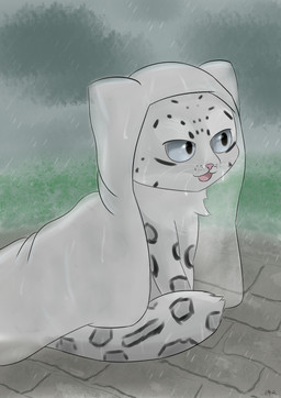 ambiguous_gender black_markings clothing coat feral fur grey_eyes grey_markings markings open_mouth pink_mouth pink_nose raincoat raining side_view sitting solo topwear whiskers white_body white_fur white_whiskers jayfeather233 felid mammal pantherine snow_leopard absurd_res digital_drawing_(artwork) digital_media_(artwork) hi_res