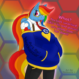 accessory anthro blep bottomwear clothing collared_shirt dialogue dress_shirt eyewear female glasses hair jacket multicolored_hair necktie pants ponytail rainbow rainbow_hair shirt solo suspenders tongue tongue_out topwear wings conditional_dnp notkastar e621 friendship_is_magic hasbro my_little_pony rainbow_dash_(mlp) equid equine horse mammal pony 1:1