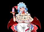 :d big_breasts blue_hair bodily_fluids body_writing breasts cleavage clothed clothing crucifix ear_piercing fangs female hair holding_object huge_breasts maid_headdress maid_uniform membrane_(anatomy) membranous_wings nipples not_furry open_mouth piercing pupils red_eyes ribbons short_hair slime slit_pupils smile solo sweat sweatdrop teeth text uniform wet wet_clothing wings writing_on_breasts rindou_(p41neko) touhou remilia_scarlet humanoid vampire alpha_channel hi_res japanese_text translation_request