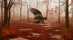 ambiguous_gender anthro autumn crouching dead_tree detailed_background feathered_wings feathers fog forest outside plant shrub snow solo spread_wings tail tail_tuft tree tuft wings blackpassion777 mystfell felid mammal absurd_res hi_res red_theme