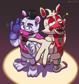 anthro blush bow_(feature) bow_tie clothing duo female hat headgear headwear looking_at_viewer machine male one_eye_closed puppet sharp_teeth teeth top_hat wink sazanattu five_nights_at_freddy's scottgames sister_location funtime_foxy_(fnaf) funtime_freddy_(fnafsl) puppet_bonnie_(fnafsl) animatronic bear canid canine fox lagomorph leporid mammal rabbit robot digital_media_(artwork)