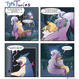 building dialogue door duo female group house male male/female plant simple_background text tree trio kodadeer nintendo pokemon ampharos generation_2_pokemon generation_6_pokemon goodra humanoid pokemon_(species) typhlosion 1:1 comic english_text hi_res
