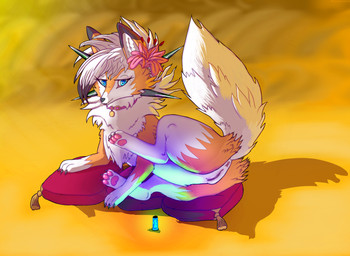 abstract_background accessory anus butt cheek_tuft clitoris collar facial_tuft female feral flower flower_in_hair fluffy fluffy_butt fluffy_chest fluffy_tail fur fur_markings genitals hair hair_accessory humanoid_genitalia jewelry lamp leg_markings lying markings multicolored_body multicolored_ears multicolored_hair neck_tuft neon_lights nude on_side orange_body pawpads paws pendant pillow pink_pawpads plant presenting presenting_hindquarters raised_leg raised_tail smile solo spikes spikes_(anatomy) tail tongue tongue_out tuft vulva white_body ballistic_(artist) nintendo pokemon soulsong_(celestial_wolf) canid dusk_lycanroc generation_7_pokemon lycanroc mammal pokemon_(species) digital_drawing_(artwork) digital_media_(artwork) hi_res