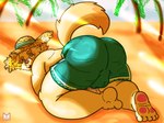 anthro beach big_butt butt clothing hat headgear headwear kemono male outside paws seaside slightly_chubby slightly_chubby_male solo swimwear tail red_panda_mirr lifewonders tokyo_afterschool_summoners cu_sith_(tas) canid canine canis domestic_dog mammal digital_media_(artwork) hi_res