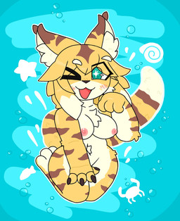 3_toes 4_fingers anthro areola big_breasts blue_background blush breasts brown_body brown_fur bubble chest_tuft claws covering covering_crotch dipstick_ears ear_markings eyebrow_through_hair eyebrows feet female finger_claws fingers fur green_eyes hair inner_ear_fluff multicolored_ears nipples one_eye_closed open_mouth pattern_background pupils simple_background solo star_(symbol) stripes thick_thighs toes translucent translucent_hair tuft unusual_pupils wide_hips wink yellow_body yellow_fur lynxafterd4rk cygames world_flipper mia_(world_flipper) aquatic arthropod crab crustacean decapod felid fish malacostracan mammal pantherine tiger hi_res