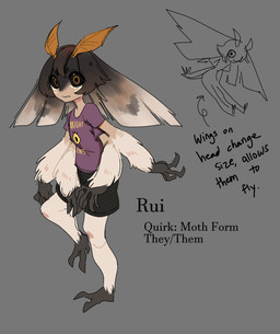 3_toes antennae_(anatomy) anthro barefoot big_eyes black_body black_sclera black_skin bottomwear brown_eyes brown_hair clothed clothing feet female fully_clothed fur grey_background hair head_wings multicolored_body multicolored_skin shirt shorts simple_background solo text toes topwear unusual_wing_placement wings glacierclear my_hero_academia fan_character rui_(glacierclear) arthropod insect lepidopteran moth absurd_res digital_media_(artwork) english_text flat_colors hi_res model_sheet