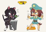 angry anthro blue_eyes bone chibi clothing duo female fighting_pose military_uniform pink_eyes pose simple_background trash uniform white_background flowerpigeon73 black_cat_(colo) misha_(colo) canid canine canis domestic_cat domestic_dog felid feline felis mammal 2020