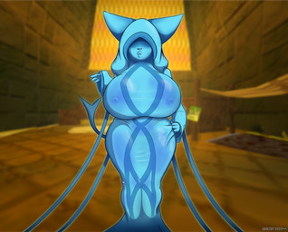 anthro big_breasts breasts clothing covered_eyes erect_nipples female hood huge_breasts hyper hyper_breasts lips nipple_outline nipples priest robe solo thick_lips thick_thighs tight_clothing wet wet_clothing sam2up atlyss zuula_(atlyss) ghost poon_(atlyss) spirit absurd_res hi_res