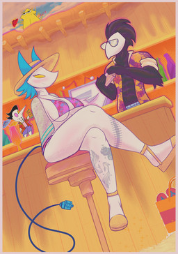 anthro big_breasts bikini blush border breasts clothed clothing crossed_legs female hair heart_symbol machine male pink_border smile swimwear tail tattoo teeth thick_thighs two-piece_swimsuit white_body yellow_eyes lefemdoc deltarune undertale_(series) spamton_g._spamton swatch_(deltarune) tasque_manager tenna_(deltarune) the_original_starwalker darkner felid feline mammal robot absurd_res digital_media_(artwork) hi_res