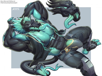 anthro big_muscles big_pecs black_body bodily_fluids bulge clothed clothing detailed_bulge fangs forked_tongue genital_outline genitals green_body green_penis living_tail long_tongue male muscular muscular_anthro muscular_male open_clothing open_mouth open_topwear open_vest pecs penis penis_base penis_outline reclining saliva sharp_teeth snake_tail solo tail teeth tenting tongue tongue_out topwear unusual_anatomy unusual_tail vest amon-sydonai epic_games fortnite mythology cerberus_(fortnite) canid canid_demon canine demon hellhound mammal mythological_canine mythological_creature reptile scalie snake hi_res