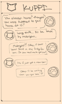 anthro border dialogue duo exclamation_point fur heart_symbol male orange_border phone_screen phone_view question question_mark text texting texting_ui whiskers sushiamazing working_buddies! kuehiko_roshihara tapio_chatarozawa domestic_cat felid feline felis mammal 2026 digital_media_(artwork) english_text hi_res monochrome sketch