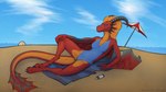 anthro beach blue_eyes breasts claws clothed clothing female furgonomics hair hand_on_leg horn looking_at_viewer lying non-mammal_breasts one-piece_swimsuit red_body seaside solo spread_legs spreading swimwear tail towel umbrella wings malcombtheteadragon european_mythology mythology eztli_(user_55) dragon mythological_creature mythological_scalie scalie western_dragon wyvern 16:9 4k absurd_res hi_res widescreen