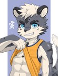 abs anthro clothed clothing clothing_lift ear_piercing male muscular muscular_anthro muscular_male muscular_young nipples pecs piercing seductive shirt shirt_lift solo tank_top topwear young guran_demoneko mammal hi_res