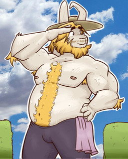 anthro armpit_hair beard biceps blonde_hair bodily_fluids body_hair bottomwear clothing cloud eyebrows facial_hair hair hat headgear headwear horn male nipples outside pants solo sun_hat sweat sweatdrop white_body bearinhat undertale_(series) asgore_dreemurr bovid caprine goat mammal hi_res