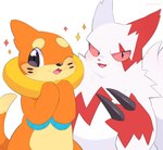 anthro blush claws duo flotation_sac fur markings one_eye_closed orange_body orange_fur red_markings simple_background white_background white_body white_fur wink kiirono nintendo pokemon buizel generation_3_pokemon generation_4_pokemon pokemon_(species) zangoose 2022 hi_res