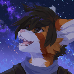 ambiguous_gender anthro black_clothing black_eyes black_hair black_topwear blue_clothing blue_topwear brown_body brown_fur cheek_tuft clothed clothing detailed_background facial_tuft fur glistening glistening_eyes hair happy messy_hair neck_tuft open_mouth open_smile orange_body orange_fur pink_nose pink_tongue short_hair sky smile solo star tongue topwear tuft unsigned white_body white_fur corzh77 domestic_cat felid feline felis mammal 1:1 bust_portrait detailed icon portrait