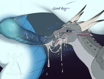 ambiguous_gender bodily_fluids cum cum_drip cum_in_mouth cum_inside cum_on_face cum_string dripping duo erection fellatio feral feral_on_feral genital_fluids genitals good_boy knot knotted_penis male male/ambiguous oral penile penis sex text tongue tongue_out gray-scales mythology wings_of_fire ahnrik_(gray-scales) blizzard_(squeed2115) dragon icewing_(wof) mythological_creature mythological_scalie scalie english_text hi_res male_(lore)
