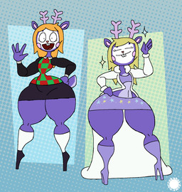 4_fingers anthro antlers belly blonde_hair boots bottomwear buckteeth checkered checkered_clothing checkered_topwear clothed clothing coat cosplay countershade_belly countershade_tail countershading crop_top crossdressing crossover_cosplay curvy_figure eyelashes femboy fingers footwear fur geometric_background hair halftone_background hand_on_hip heart_nose heart_symbol high_heeled_boots high_heels horn knee_boots knee_highs knee_socks legwear logo male midriff navel open_mouth open_smile pattern_background pattern_clothing pattern_topwear purple_body purple_fur shirt shoes simple_background skirt small_waist smile socks solo star_emanata sweater tail teeth text thick_thighs topwear wide_hips thatdawgmurray deltarune happy_tree_friends undertale_(series) mime_(htf) noelle_holiday deer mammal aliasing artist_logo artist_name crossover digital_media_(artwork) halftone hi_res signature