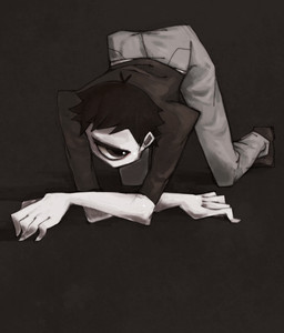 1_eye black_clothing black_hair black_shirt black_topwear bottomwear clothing grey_bottomwear grey_clothing grey_pants hair looking_at_viewer male pants shirt solo topwear oouyuki_benten humanoid monster 2009 hi_res