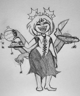 5_eyes 6_arms accessory alternate_universe anthro biped bow_ribbon clothed clothing container cup dessert doughnut dress fangs female flat_chested food footwear gesture gloves hair_accessory hair_bow hair_ribbon handwear high_heels holding_food holding_knife holding_object holding_platter holding_teapot knife looking_at_viewer multi_arm multi_eye multi_limb one_eye_closed open_mouth open_smile pastry pigtails raised_finger raised_pinky ribbons sharp_teeth shoes simple_background smile solo spider_donut spider_web standing tea_cup teapot teeth wide_hips wink winking_at_viewer alt_for_fat_art underfell undertale undertale_(series) muffet ambient_arachnid ambient_arthropod ambient_spider arachnid arthropod spider 2024 full-length_portrait graphite_(artwork) greyscale hi_res monochrome portrait sketch traditional_media_(artwork)