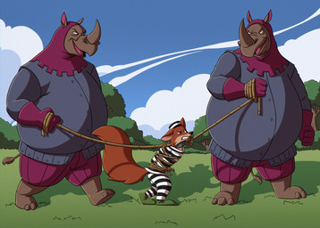 angry anthro belly big_belly bound clothing evil_grin footwear frown gloves grass group handwear holding_object holding_rope horn male overweight overweight_anthro overweight_male plant prison_uniform rope scowl shadow shoes size_difference smile tail teeth thick_tail tree trio walking hinzen disney robin_hood_(disney) rhino_guard robin_hood canid canine fox mammal red_fox rhinoceros true_fox hi_res