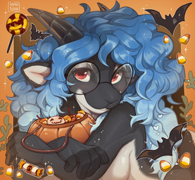 5_fingers anthro biped black_horn blue_hair blush breasts countershade_torso countershading eyewear female fingers fur glasses grey_body grey_fur grey_tail hair horn looking_at_viewer nude nude_anthro nude_female red_eyes simple_background smile solo tail teeth inno-sjoa serenity_(laggyb0i) bovid caprine mammal sheep 2025 digital_drawing_(artwork) digital_media_(artwork) hi_res