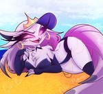 anthro breasts clothing ear_piercing ear_ring female fur hair hat headgear headwear long_hair looking_at_viewer lying on_side one-piece_swimsuit piercing pink_eyes ring_piercing smile solo sun_hat swimwear thick_thighs white_body white_fur white_hair prince_papaya helluva_boss stella_(helluva_boss) anatid anseriform anserinae avian avian_demon bird demon swan hi_res