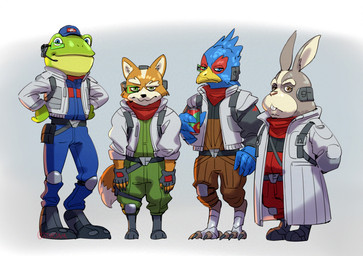 4_toes anthro avian_feet claws clothing digitigrade feet footwear frown grey_clothing grey_jacket grey_topwear group jacket jumpsuit looking_at_viewer male scouter slouching smile standing talons toe_claws toeless_footwear toes topwear stupjam nintendo star_fox star_fox_(2026) falco_lombardi fox_mccloud peppy_hare slippy_toad amphibian avian bird canid canine fox frog hare lagomorph leporid mammal 2026