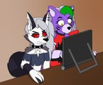 2021 6:5 absurd_res alternative_fashion anthro canid canid_demon canine canis celebrity_paradox collar computer_monitor demon duo ear_piercing female five_nights_at_freddy's five_nights_at_freddy's:_security_breach fur goth green_highlights grey_body grey_fur hair hellhound helluva_boss hi_res highlights_(coloring) loona_(helluva_boss) mammal miguelisaurusptor multicolored_body multicolored_fur mythological_canine mythological_creature mythology piercing purple_body purple_fur red_eyes roxanne_wolf scottgames spiked_collar spikes steel_wool_studios the_truth two_tone_body two_tone_fur white_hair wolf yellow_eyes