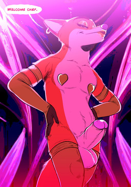 anthro armwear balls clothing ear_piercing ear_ring elbow_gloves erection femboy genitals gloves handwear legwear lipstick looking_at_viewer makeup male mostly_nude nipple_covers pasties penis piercing pose ring_piercing solo speech_bubble standing stockings stripper maychin disney zootopia nick_wilde canid canine fox mammal hi_res