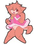 anthro brown_body brown_fur clothed clothing female female_anthro fur kemono no_underwear one_eye_closed red_eyes simple_background solo wink young young_anthro young_female kiukiu canid canine mammal absurd_res hi_res