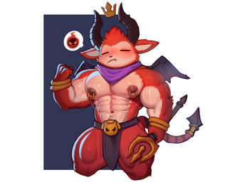 abs anthro arm_ring athletic athletic_anthro athletic_male biceps blush bottomwear clothing eyes_closed fur horn loincloth male melee_weapon membrane_(anatomy) membranous_wings muscular muscular_male muscular_thighs nipple_piercing nipples pecs piercing polearm red_body red_fur solo spade_tail tail trident vein veiny_arms veiny_muscles weapon wings cydonia_xia devil_teemo_(lol) demon humanoid alternate_version_at_source hi_res