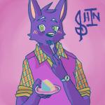 anthro black_nose blush cake checkered checkered_clothing clock clothed clothing collared_shirt cutlery dessert dress_shirt eating food fork fur kitchen_utensils long_sleeves male musical_clef musical_symbol open_collar pattern_clothing purple_body purple_fur rolled_up_sleeves shirt solo symbol tools topwear treble_clef v-neck v-neck_sweater vest watch yellow_eyes unknown_artist morenatsu shin_(morenatsu) domestic_cat felid feline felis mammal 1:1 hi_res unavailable_at_source