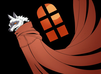 alternative_fashion anthro black_background cheek_tuft cloak clothing facial_markings facial_tuft flowing_clothing fluffy frown full_moon fur fuzzy head_markings looking_at_viewer male markings mask_(marking) moon neck_tuft no_pupils pointy_ears prick_ears red_cloak red_clothing red_eyes red_robe red_sky robe simple_background sky solo stylized tuft white_body white_fur window reagan700 dreamworks puss_in_boots_(franchise) death_(puss_in_boots) canid canine canis mammal wolf 2025 hi_res