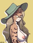 anthro breasts clothing eyewear female glasses green_clothing green_hat green_headwear hat headgear headwear nipples pink_nipples pose smile solo welive felid feline mammal pinup