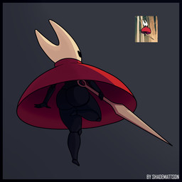 2_horns 4_fingers biped black_body black_eyes cloak clothed clothing female fingers grey_background holding_melee_weapon holding_object holding_weapon horn melee_weapon red_cloak red_clothing simple_background solo text upskirt weapon white_text shademattson hollow_knight:_silksong hollow_knight_(franchise) team_cherry hornet_(hollow_knight) arthropod 1:1 2025 artist_name english_text