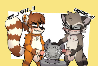 anthro balls bite biting_lip biting_own_lip bodily_fluids cum cum_on_face eyeless eyes_closed eyewear eyewear_only genital_fluids genitals glasses glasses_only group male male/male nude orgasm_face penis penis_grab rectangular_glasses self_bite sharp_teeth simple_background slightly_chubby slightly_chubby_anthro slightly_chubby_male teeth text trio vein veiny_penis wearing_glasses tommybunz snackoon sully_(snackoon) tommy_(tommybunz) mammal procyonid raccoon english_text hi_res