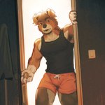 anthro armpit_hair backlighting biped body_hair bottomwear clothing doorknob light light_switch male muscular muscular_anthro muscular_male open_door shirt shorts solo tank_top topwear tippy canid canine canis domestic_dog mammal absurd_res hi_res lighting