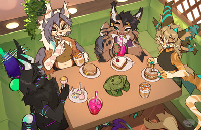 anthro biped bottomwear breasts claws clothed clothed_anthro clothed_female clothing countershade_torso countershading feathers female fingers front_view fully_clothed fully_clothed_anthro fully_clothed_female fur group hair inside sitting smile spots tail topwear trio wings cocoline_(artist) avian bat bird domestic_cat felid feline felis hybrid lynx mammal 2026 digital_drawing_(artwork) digital_media_(artwork) hi_res